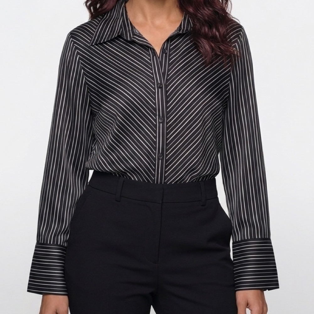 Maggie Barnes Button Down Women 1X Black Striped Office Career Plus Size